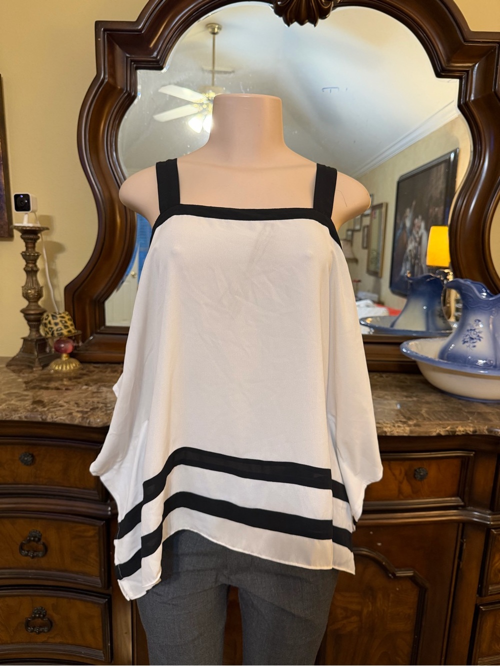 INC International Concepts White Sleeveless Square-Neck Tunic with Black Stripes